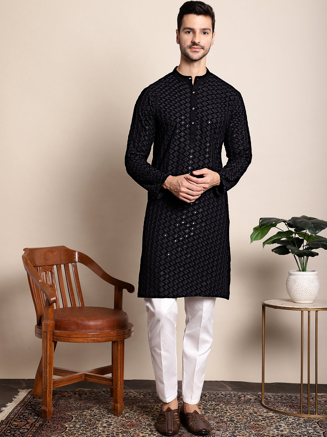 Embroidered Ethnic Kurtas ( RANMKO 109Black )