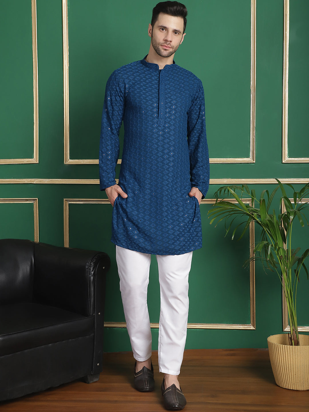 Men's Embroidered & Sequinned Kurtas ( ANMMKKO 109Peacock )