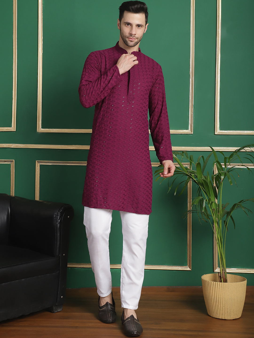 Men's Embroidered & Sequinned Kurtas ( ANMMKKO 109Purple )