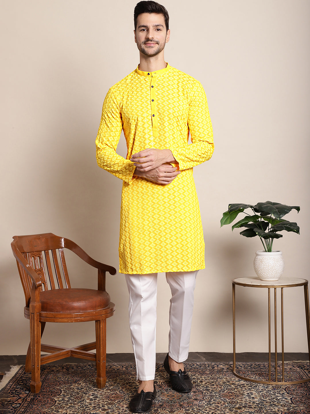 Embroidered Ethnic Kurtas ( RANMKO 109Yellow )