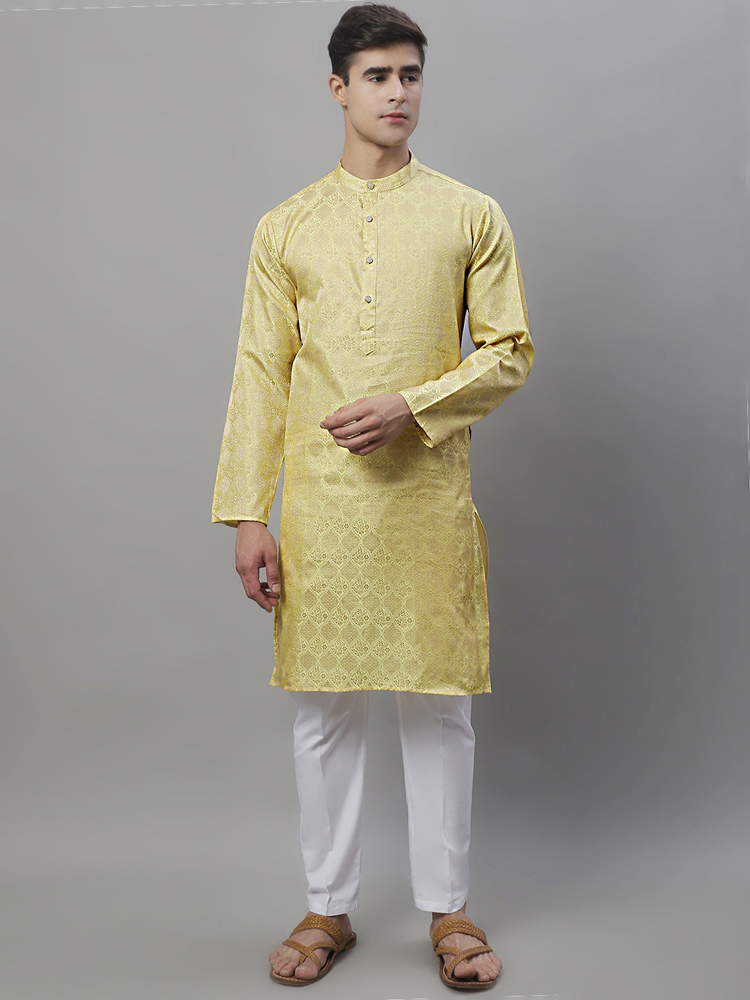 Men's Woven Design Kurtas ( ANMKO 118Yellow )