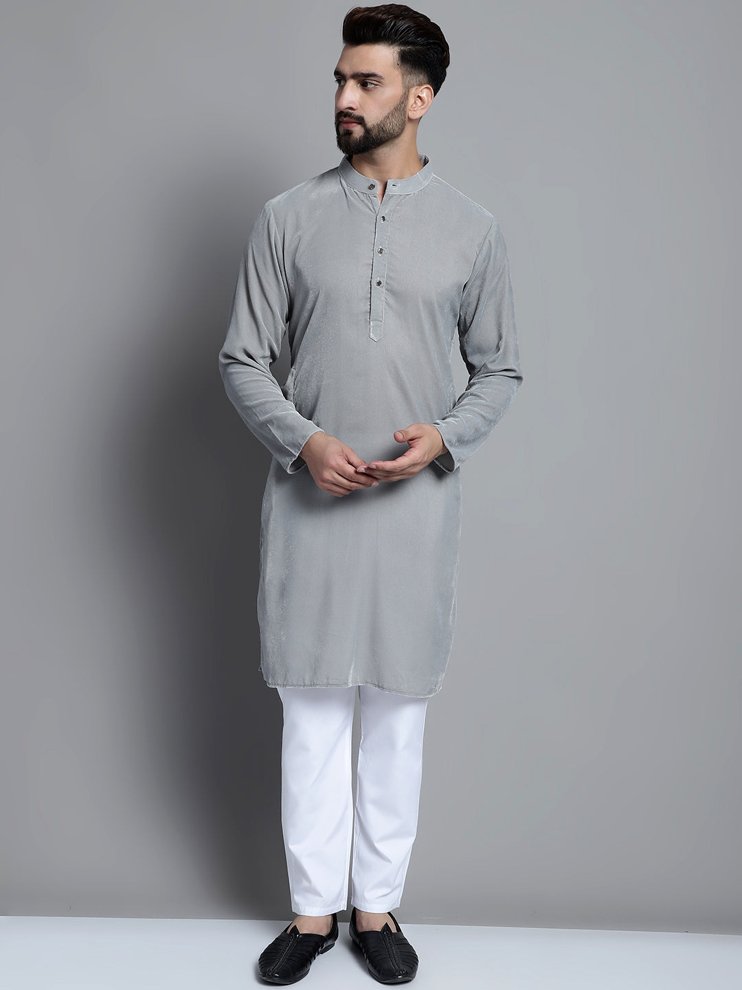 Men's Velvet Solid Kurtas ( ANMKO 125Grey )