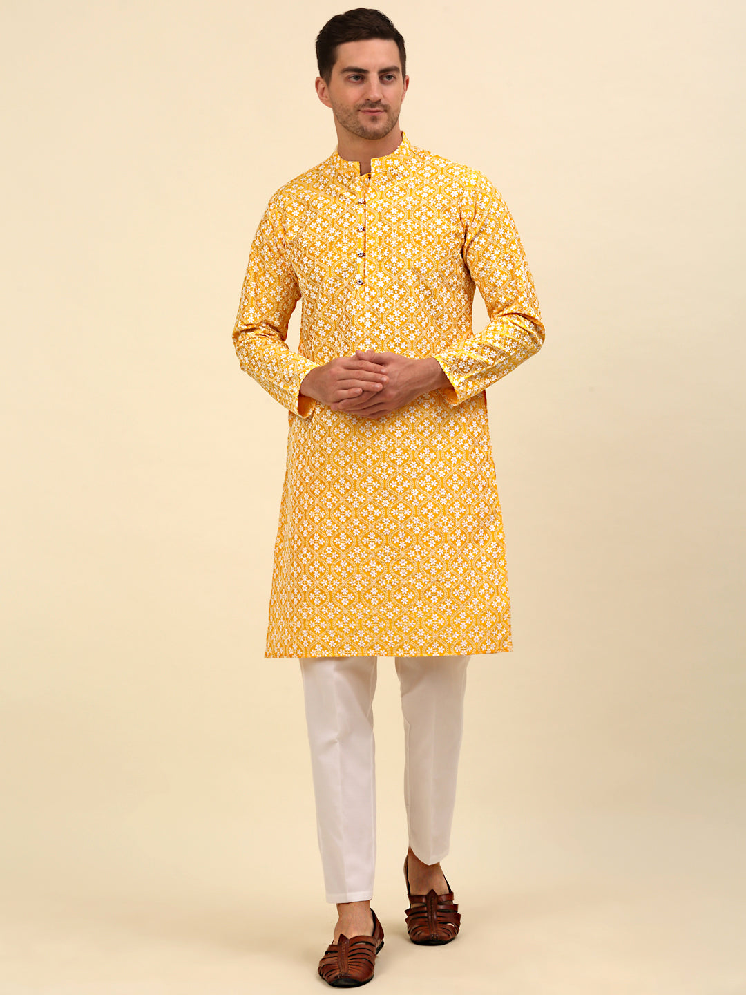 Men's Embroidered Silk Blend Kurtas ( ANMKKO 126Mustard )