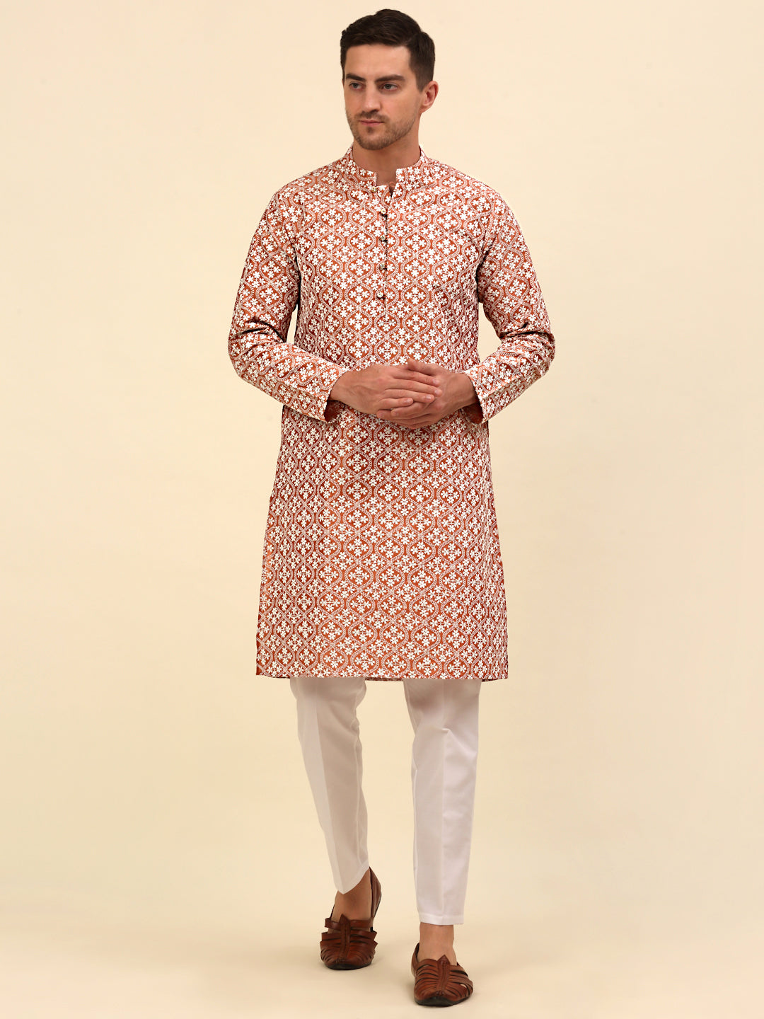 Men's Embroidered Silk Blend Kurtas ( ANMKKO 126Peach )