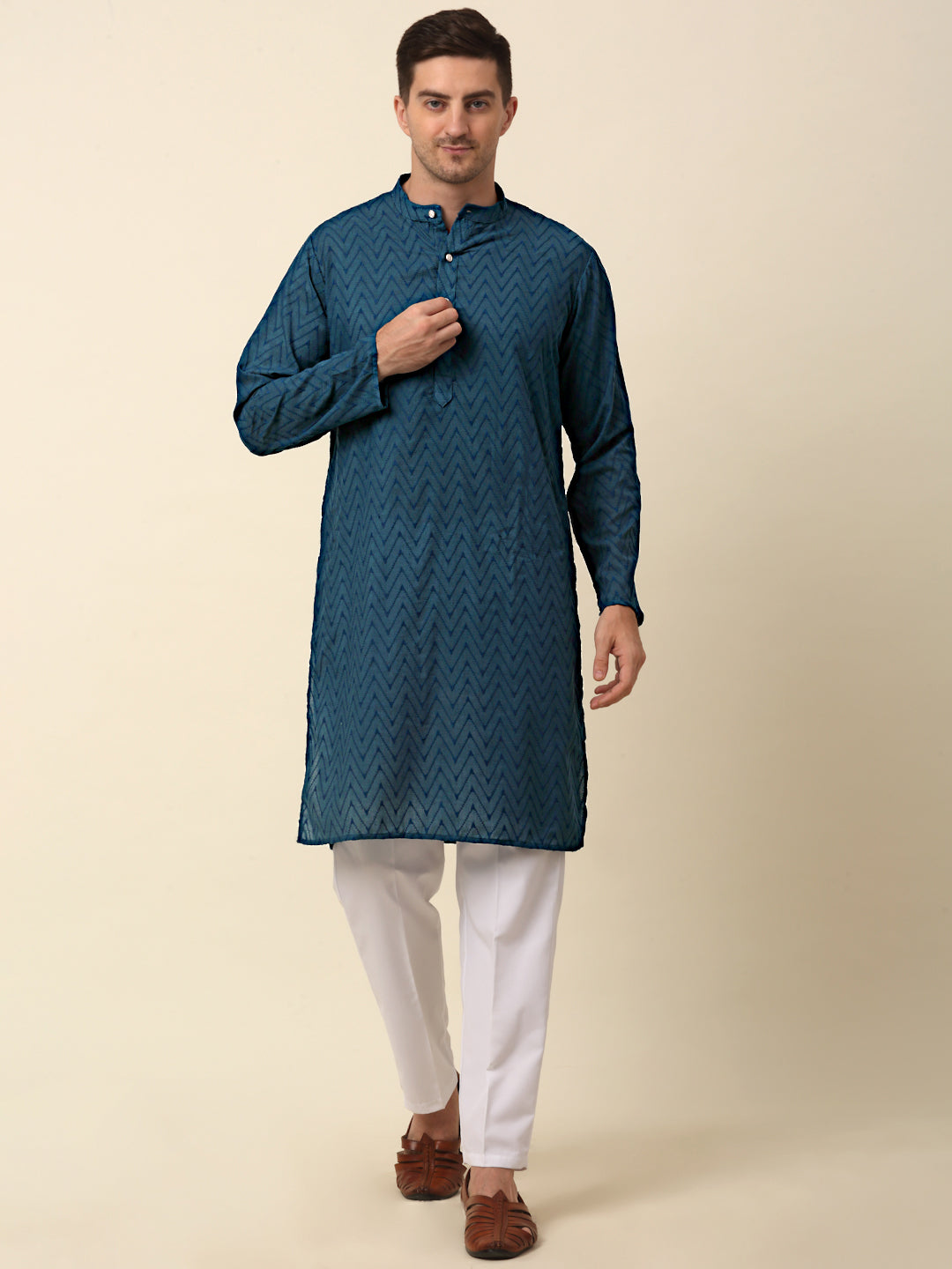 Men's Teal Blue Embroidered Kurta ( ANMKO 127Teal )