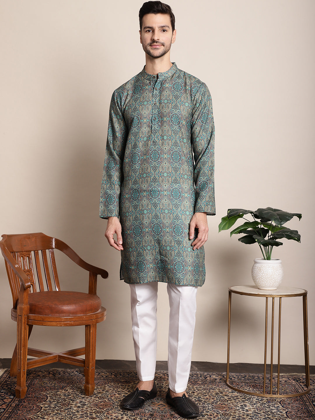 Printed paisley Festive Kurta for Men ( AAMKKO 132Green )