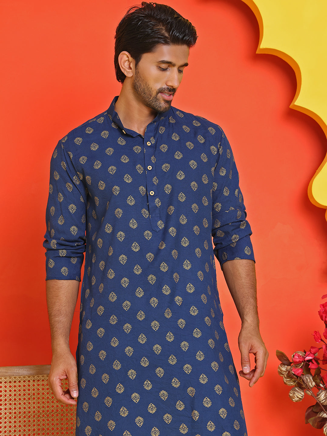 Men Ethnic Motifs Printed Kurta ( AANMKO 133Navy )
