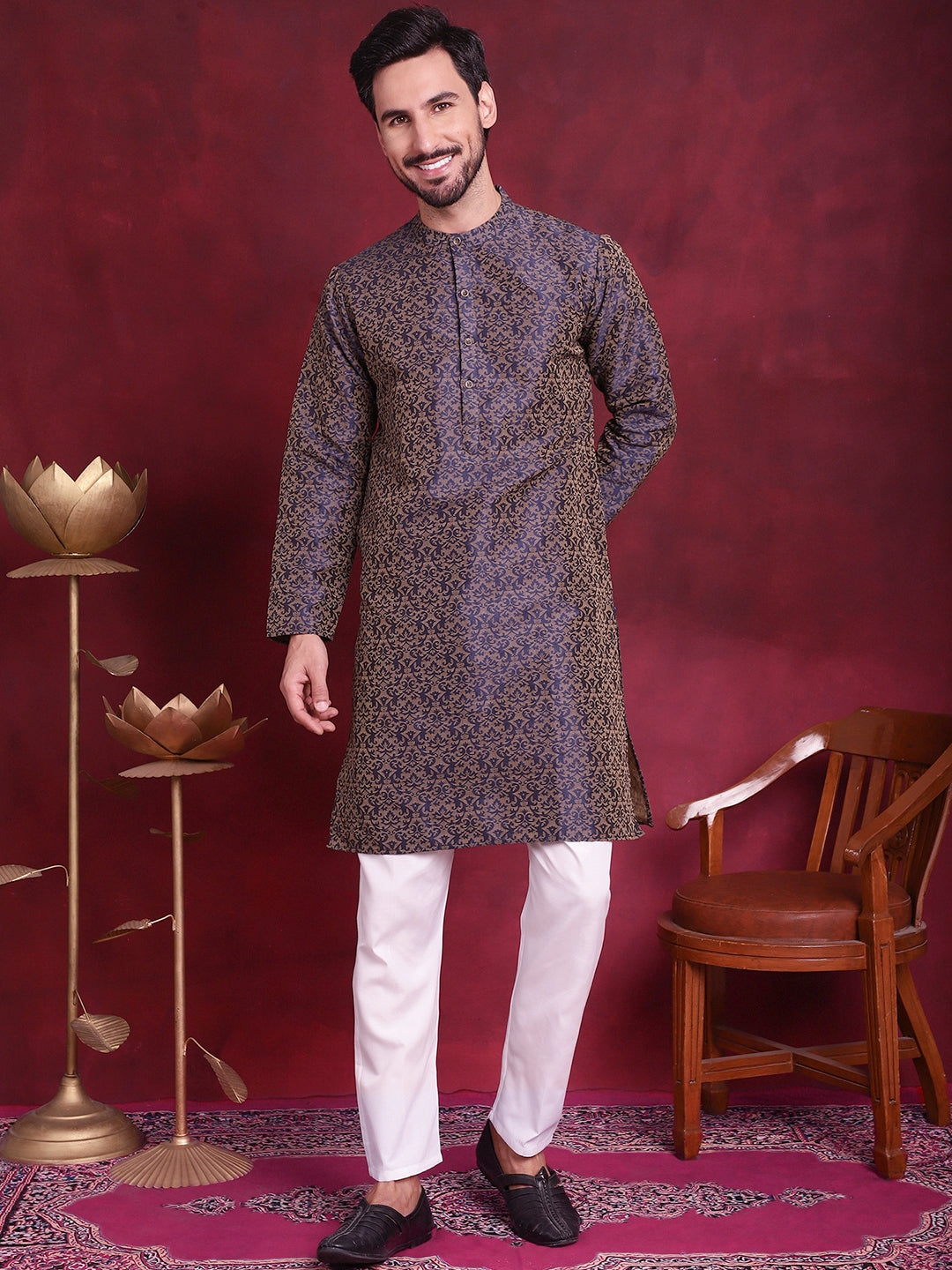 Men's Woven Design Kurtas ( ANMKO 138Navy )