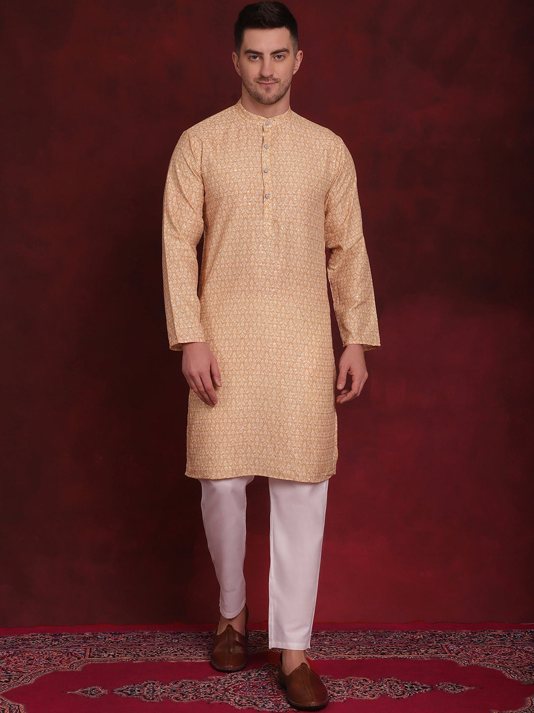 Men's Floral Printed Pure Cotton Straight Kurtas ( ANMKKO 143Yellow )