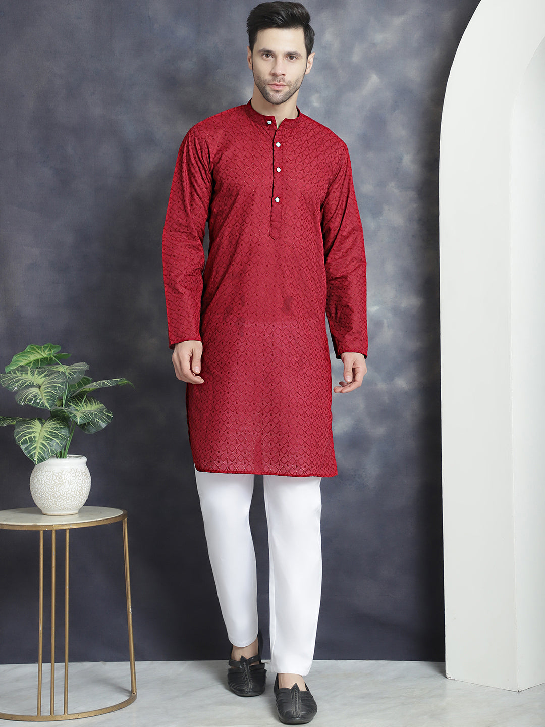 Men's Maroon Embroidered Kurtas ( ANMKKO 145Maroon )