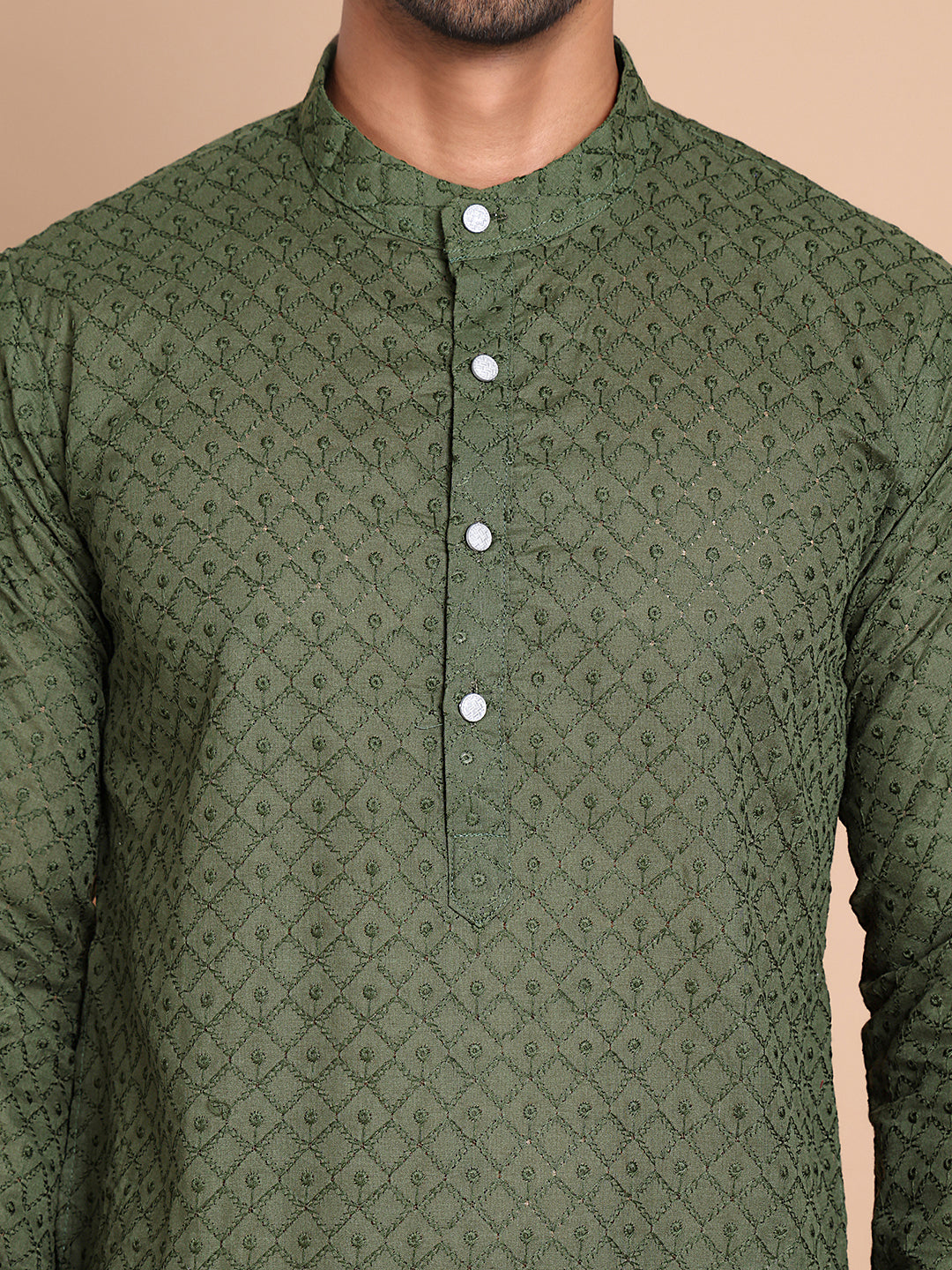 Men's Olive Green Embroidered Kurta Pyjama Set ( ANMKP 145Olive )