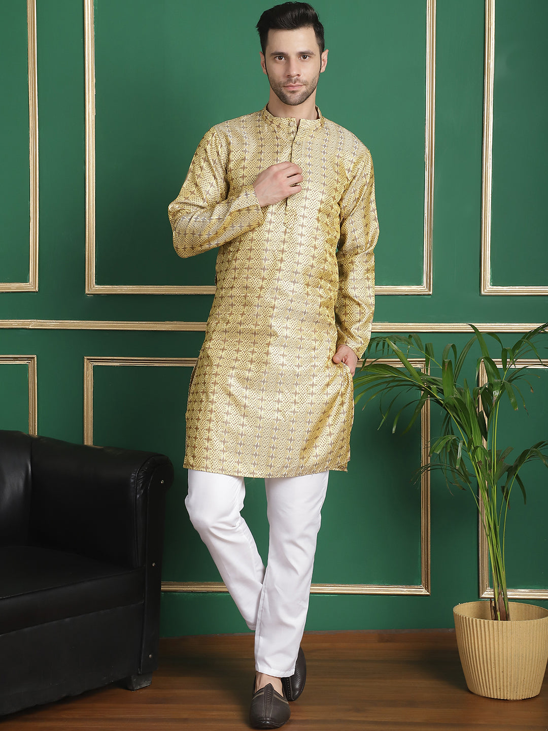 Men's Woven Design Silk Blend Kurtas ( ANMKO 148Yellow )