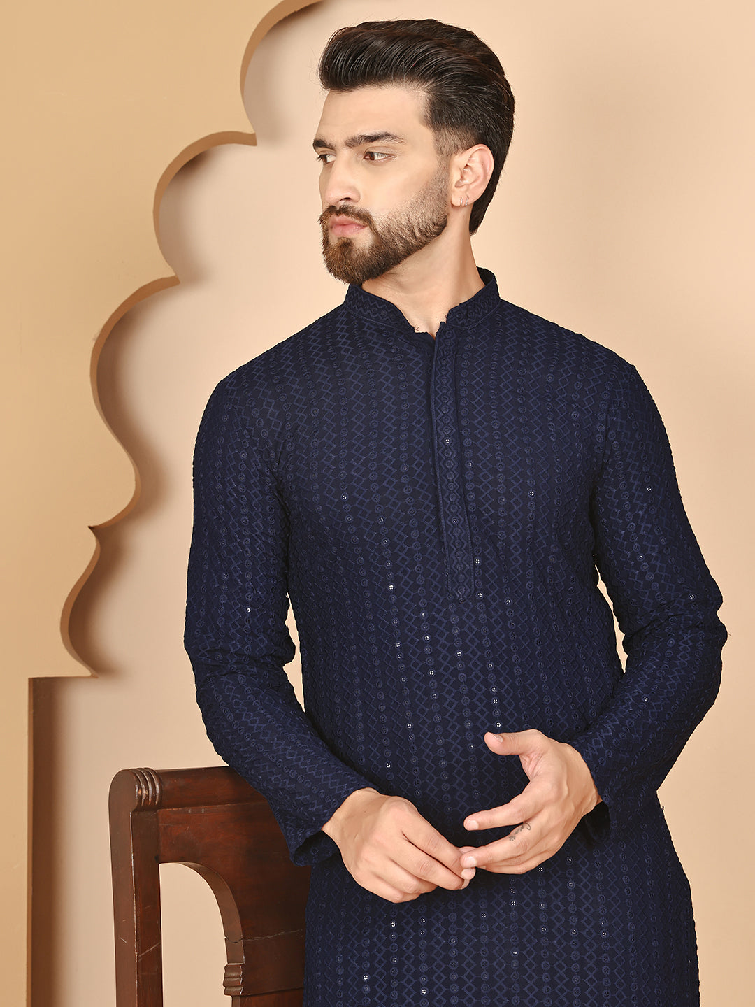 Classic Embroidered Kurtas ( RANMKO 159Navy )