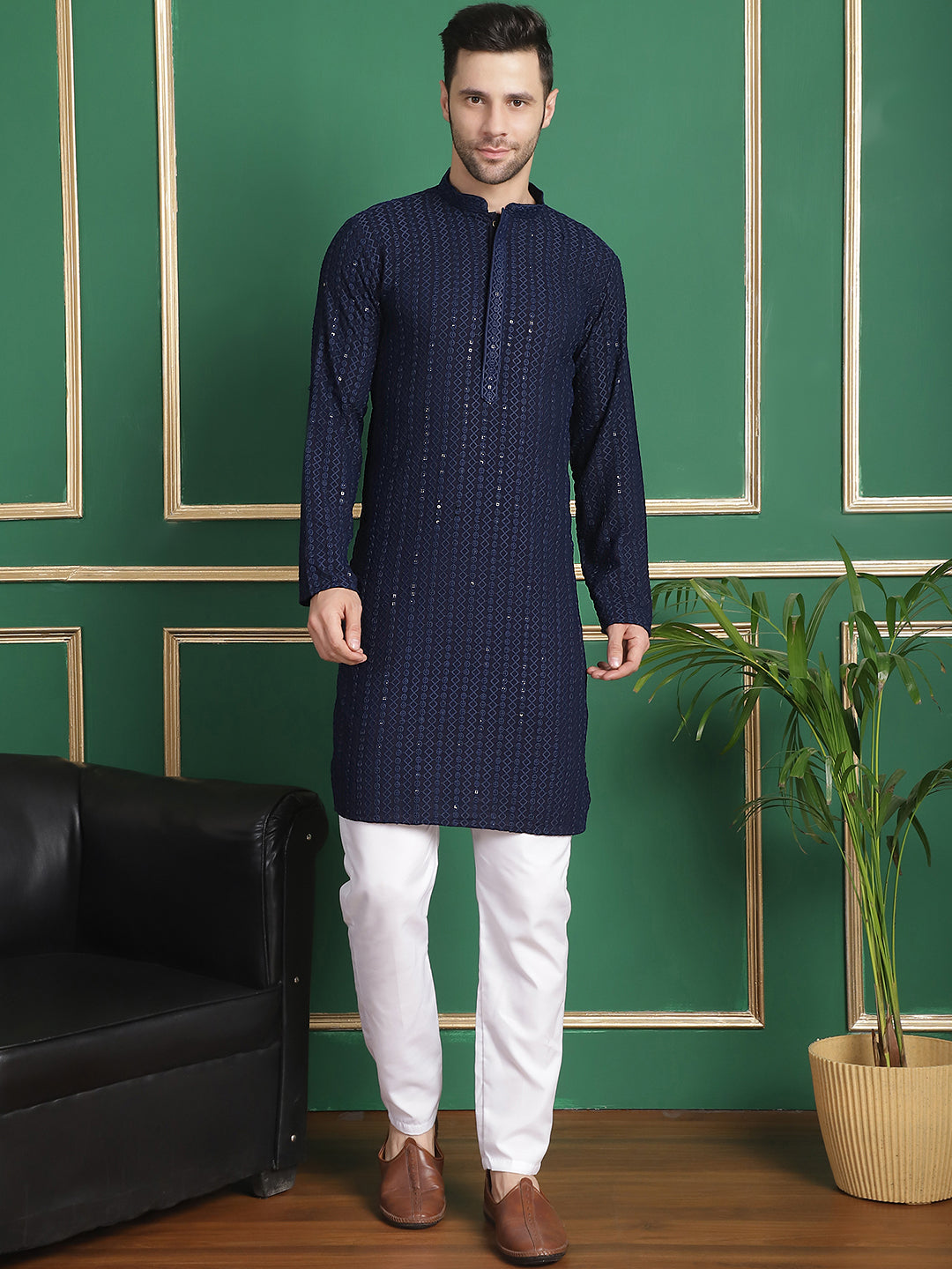 Embroidered & Sequinned Kurtas ( AANMKO 159Navy )