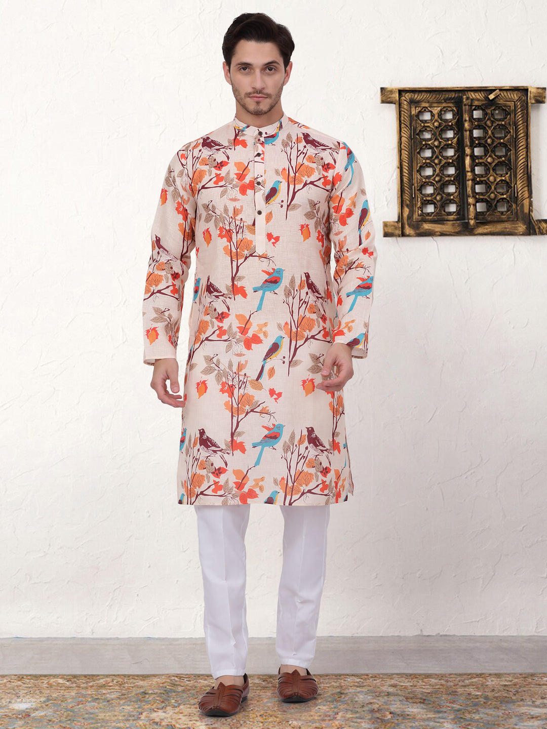 Men's Floral Printed Pure Cotton Straight Kurtas ( ANMKKO 178Cream )