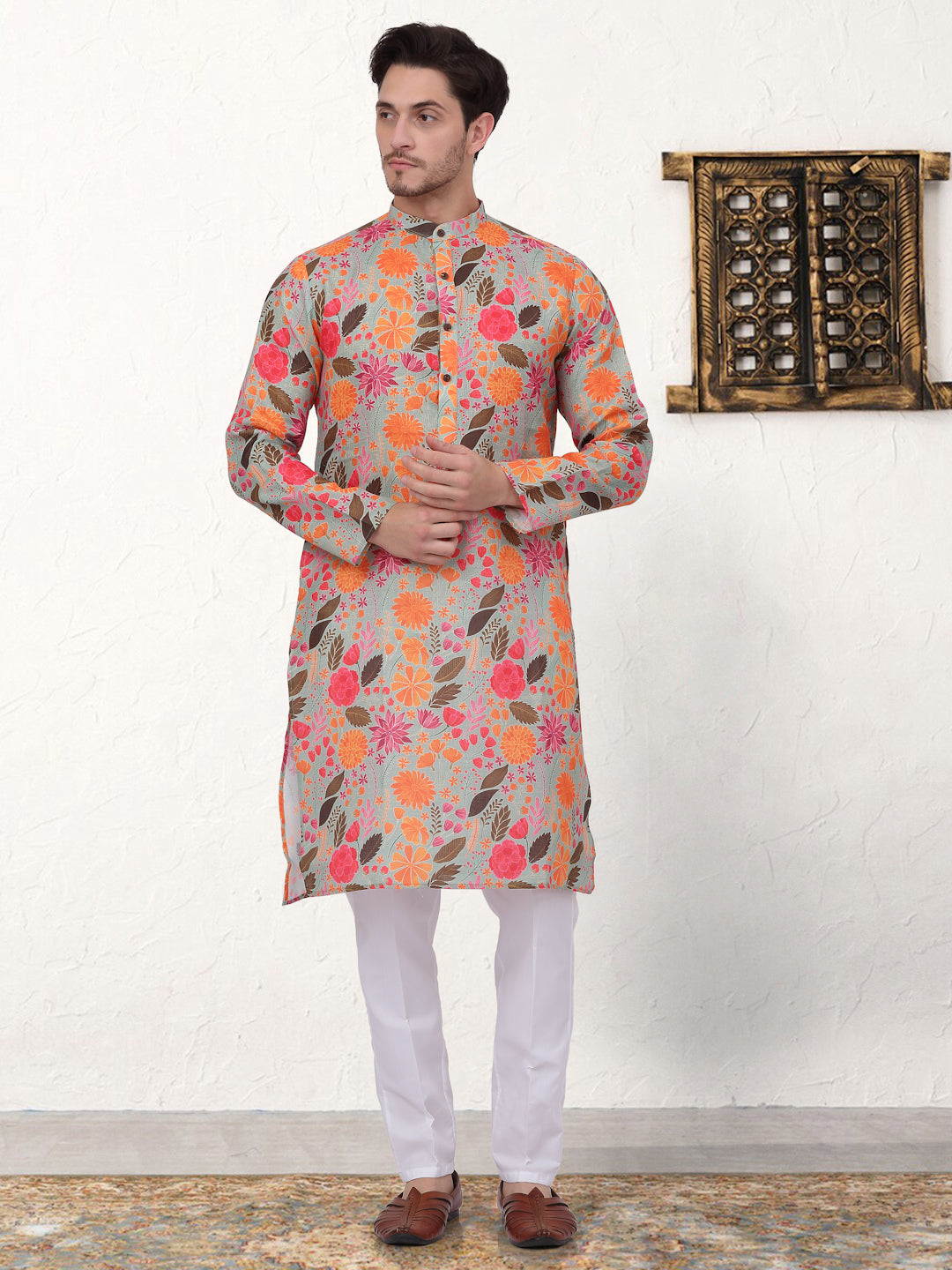 Men's Floral Printed Pure Cotton Straight Kurtas ( ANMKKO 178Grey )