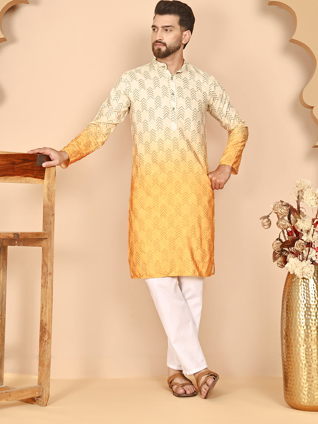 Ombre Printed Kurtas For Men ( RANMKO 212Yellow )