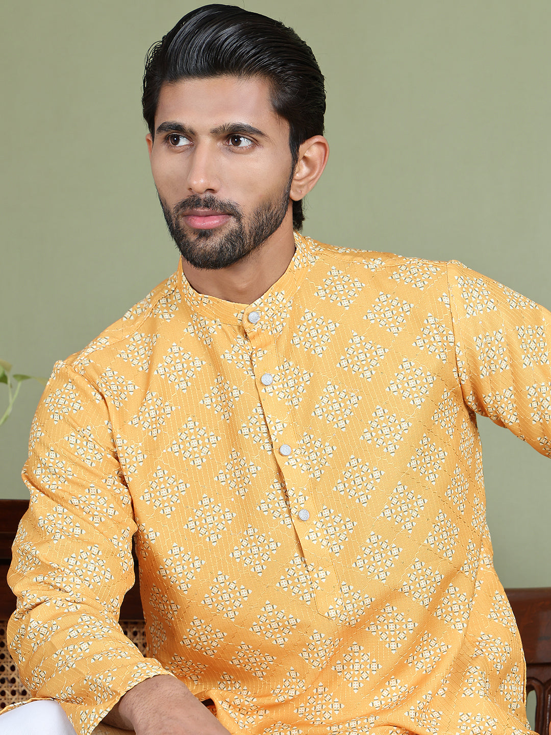 Printed & Sequence Kurtas for Men ( RANMKO 217Yellow )