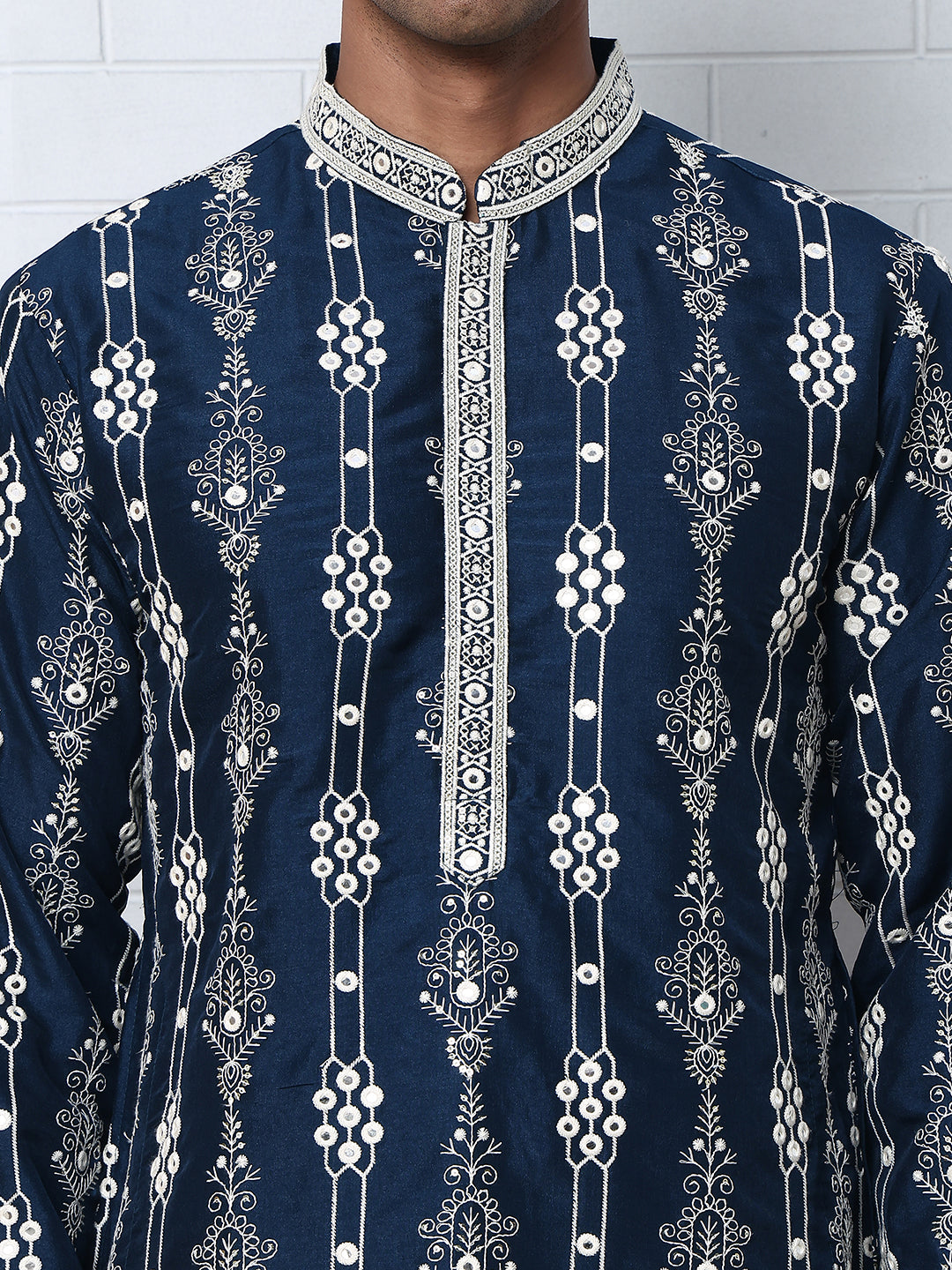 Festival Silk Blend Embroidered Kurta Pyjama ( ANMKP W 276Navy )