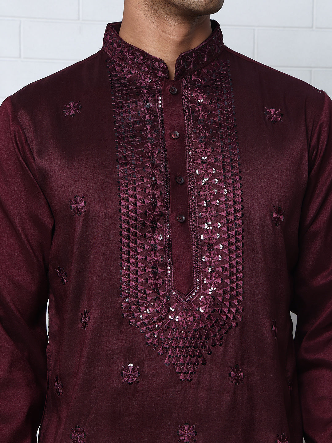 Men Silk Blend Festive Embroidered Kurta Set ( ANMKP W 286Maroon )