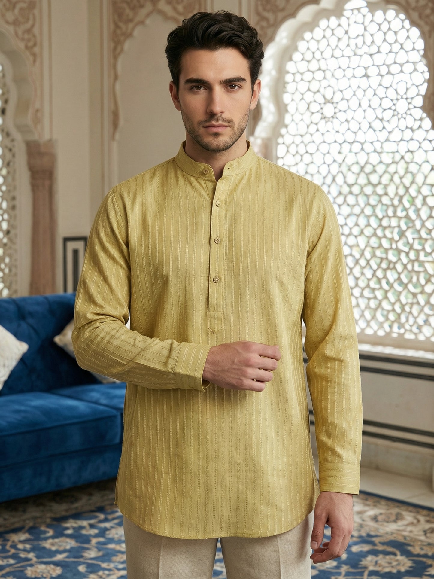 Men’s Solid Cotton Blend Short Kurta ( ANMSK 324Beige )