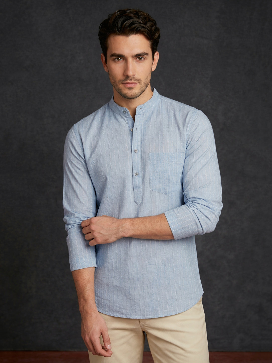 Men’s Solid Cotton Blend Short Kurta ( ANMSK 324Sky )