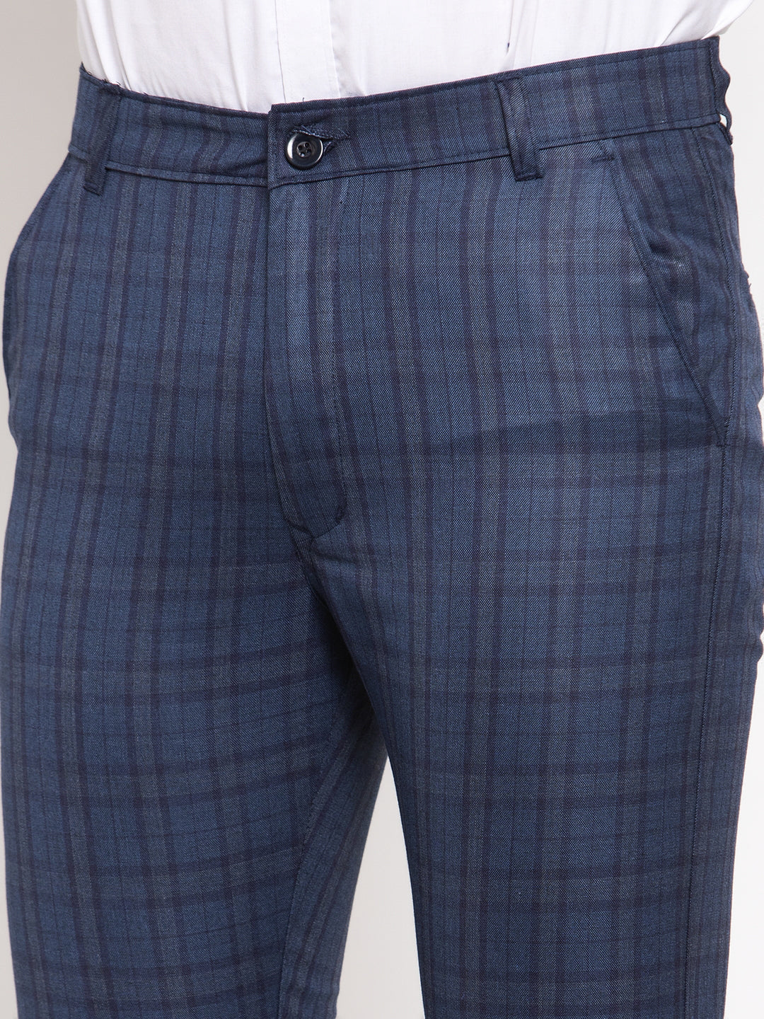 Indian Needle Men's Navy Cotton Checked Formal Trousers ( GP 259Navy-Blue )