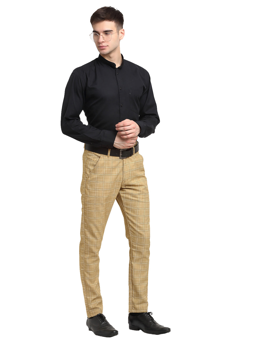 Indian Needle Men's Beige Cotton Checked Formal Trousers ( FGP 267Beige )