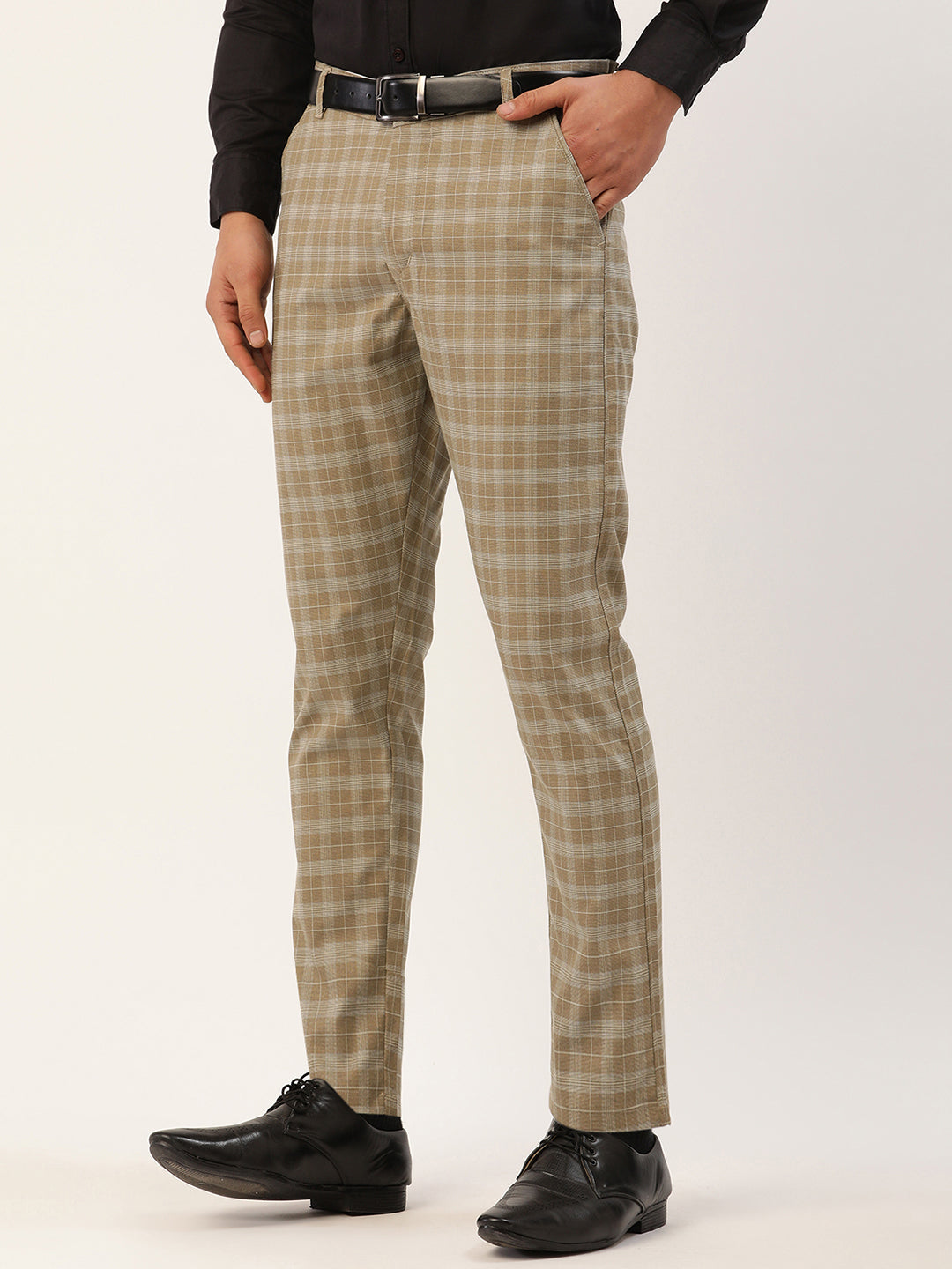 Indian Needle Men's Beige Tartan Checked Formal Trousers ( FGP 271Beige )