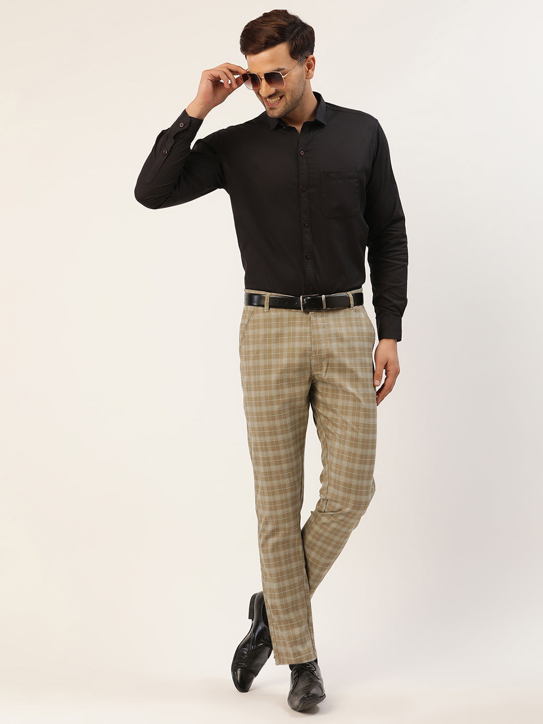 Indian Needle Men's Beige Tartan Checked Formal Trousers ( FGP 271Beige )