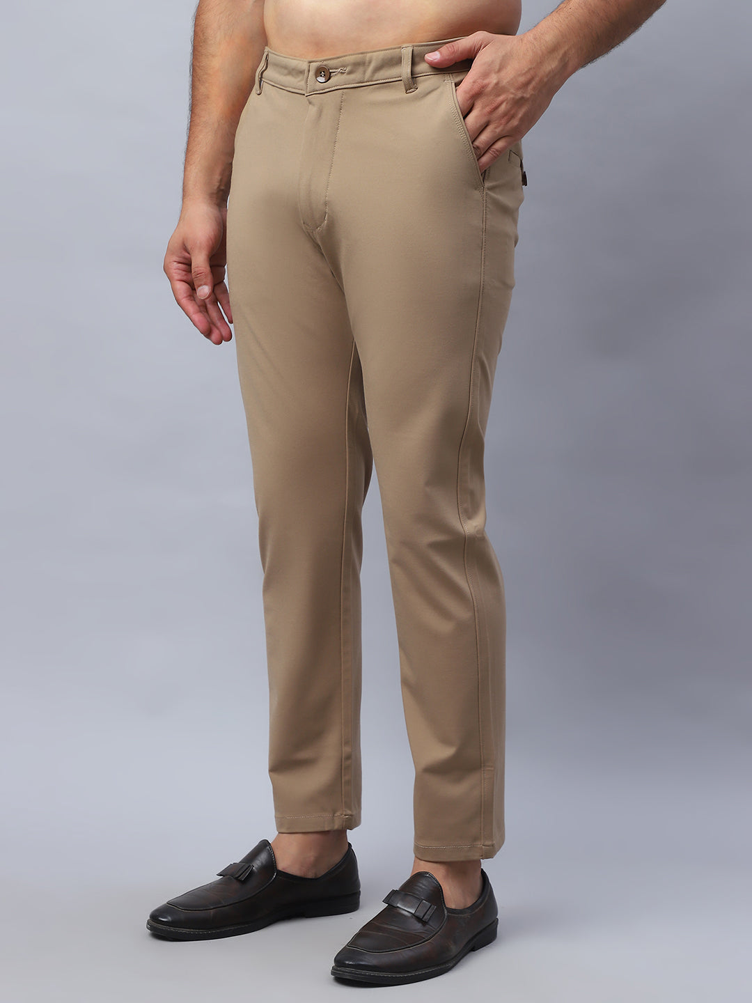 Tapered Fit Solid Trousers For Men ( FGP 279Beige )