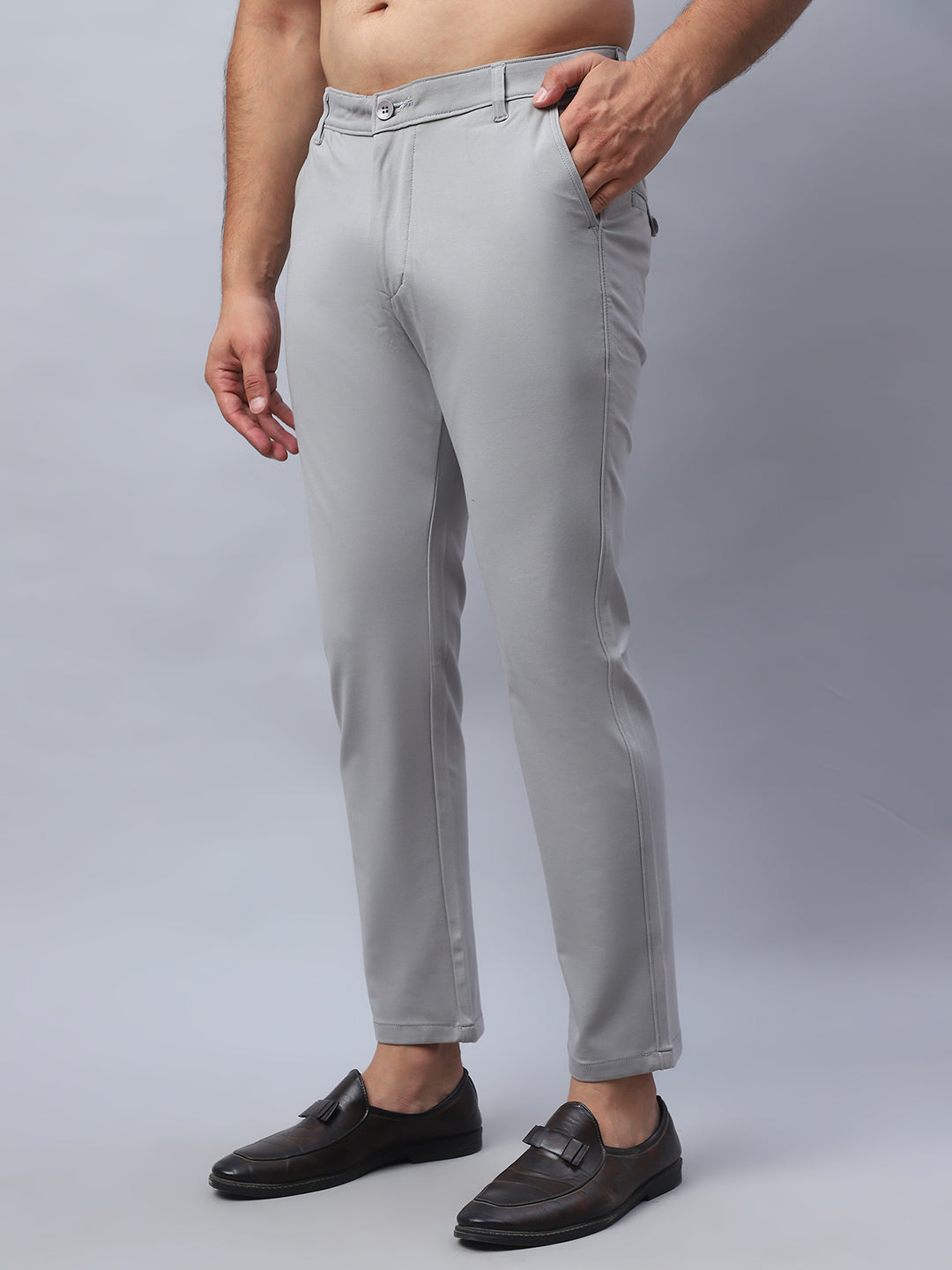 Tapered Fit Solid Trousers For Men ( FGP 279Light-Grey )