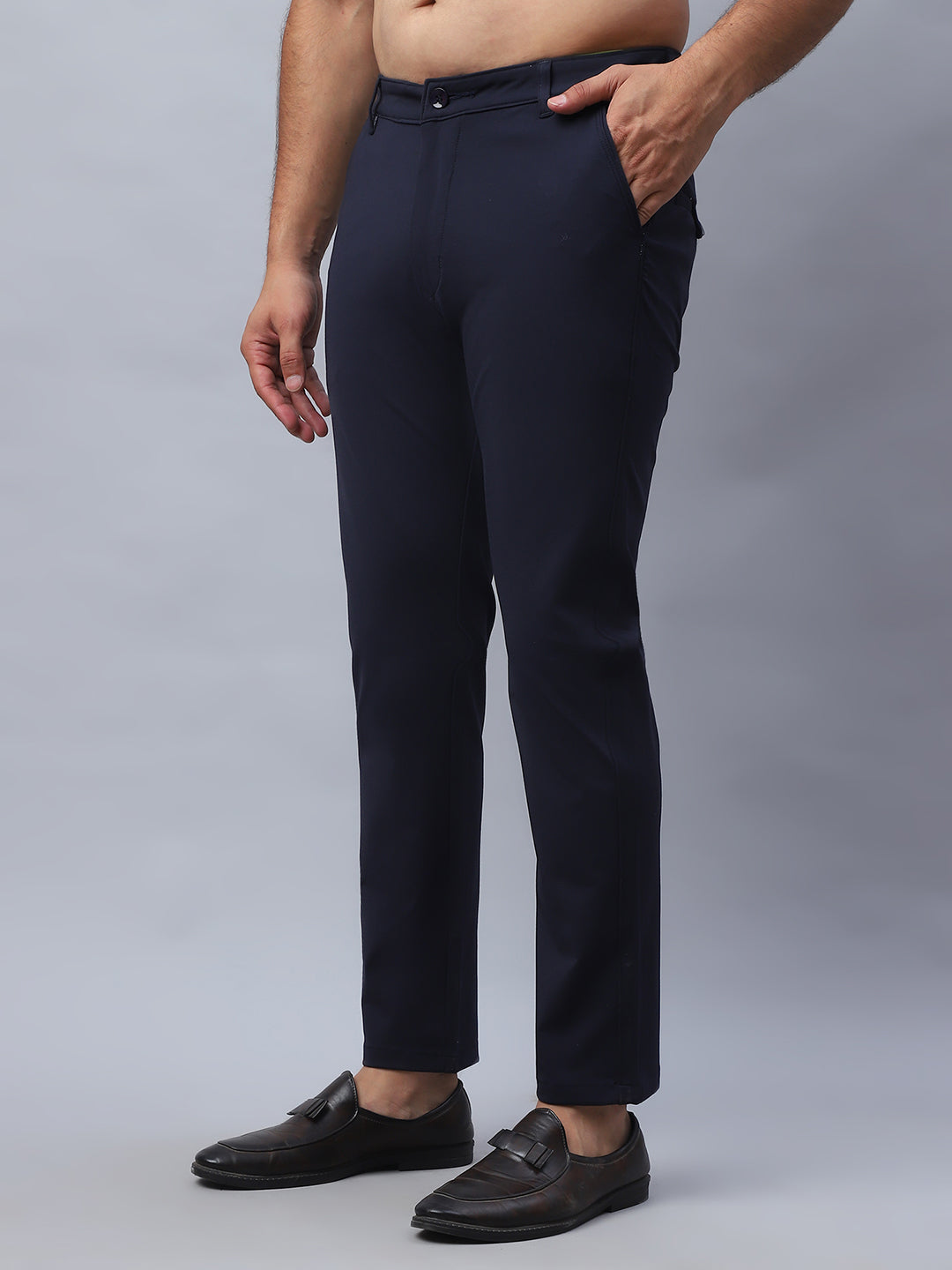 Tapered Fit Solid Trousers For Men ( FGP 279Navy )