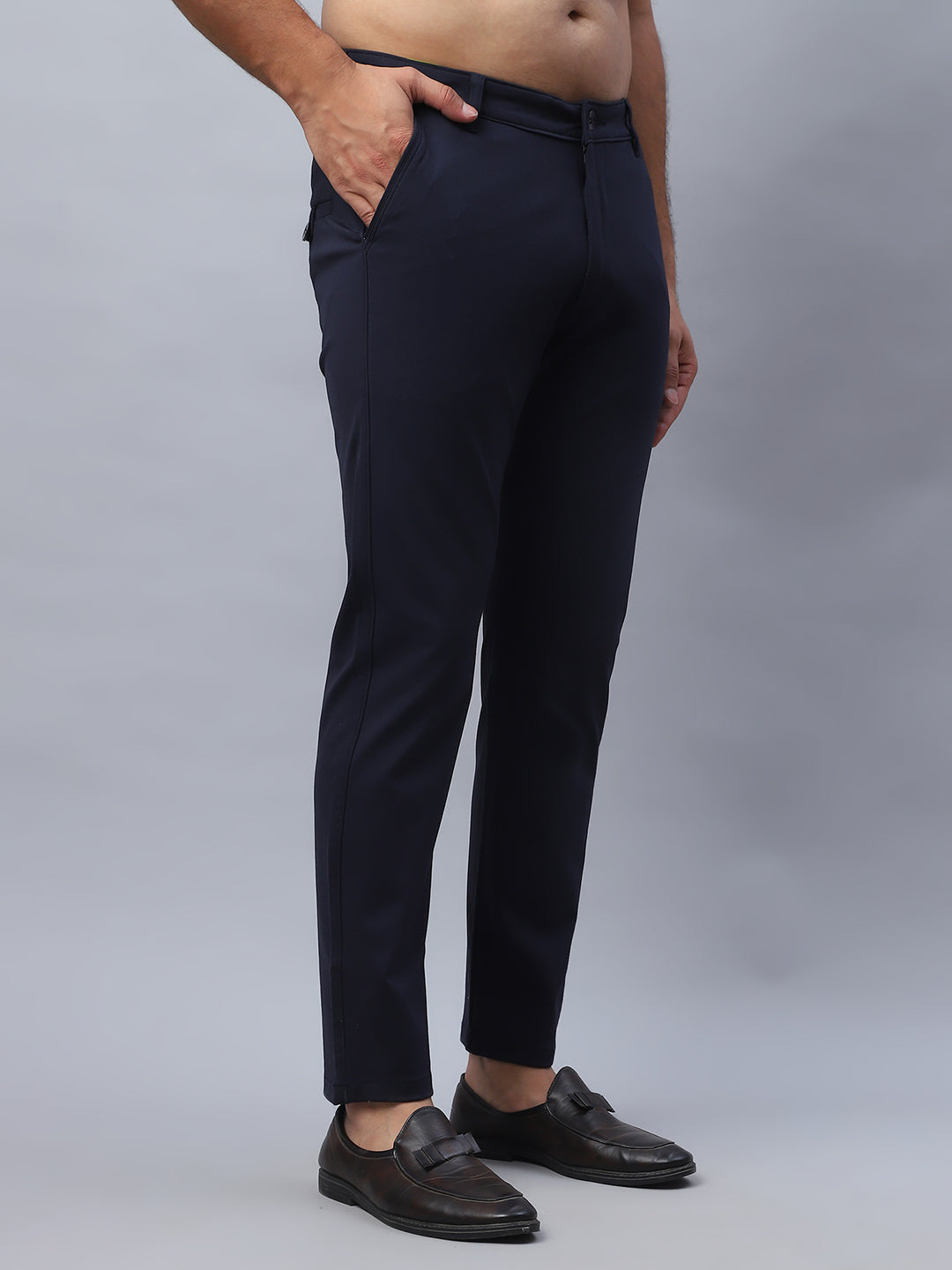 Tapered Fit Solid Trousers For Men ( FGP 279Navy )
