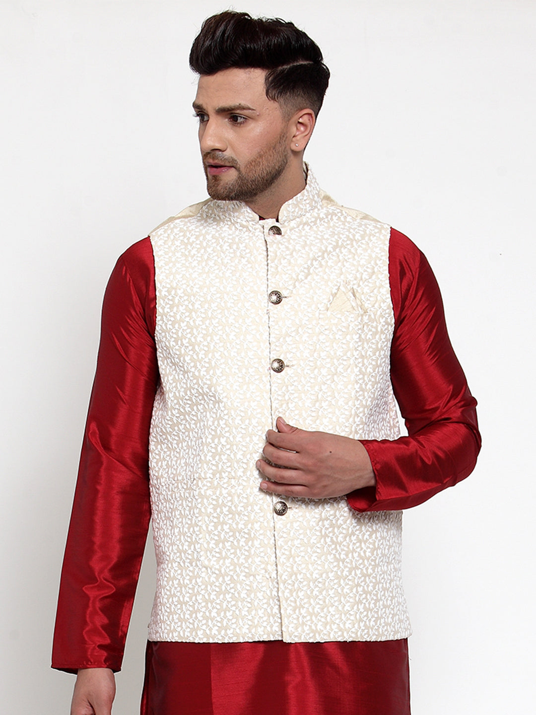 Jompers Men's Beige Embroidered Nehru Jacket ( JOWC 4012Beige )