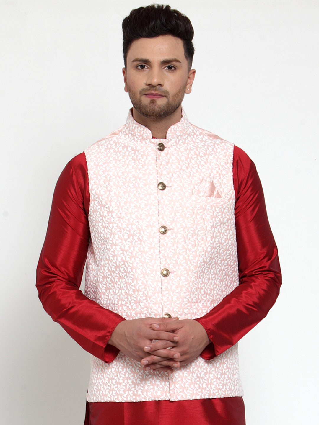 Jompers Men's Pink Embroidered Nehru Jacket ( JOWC 4012Pink )