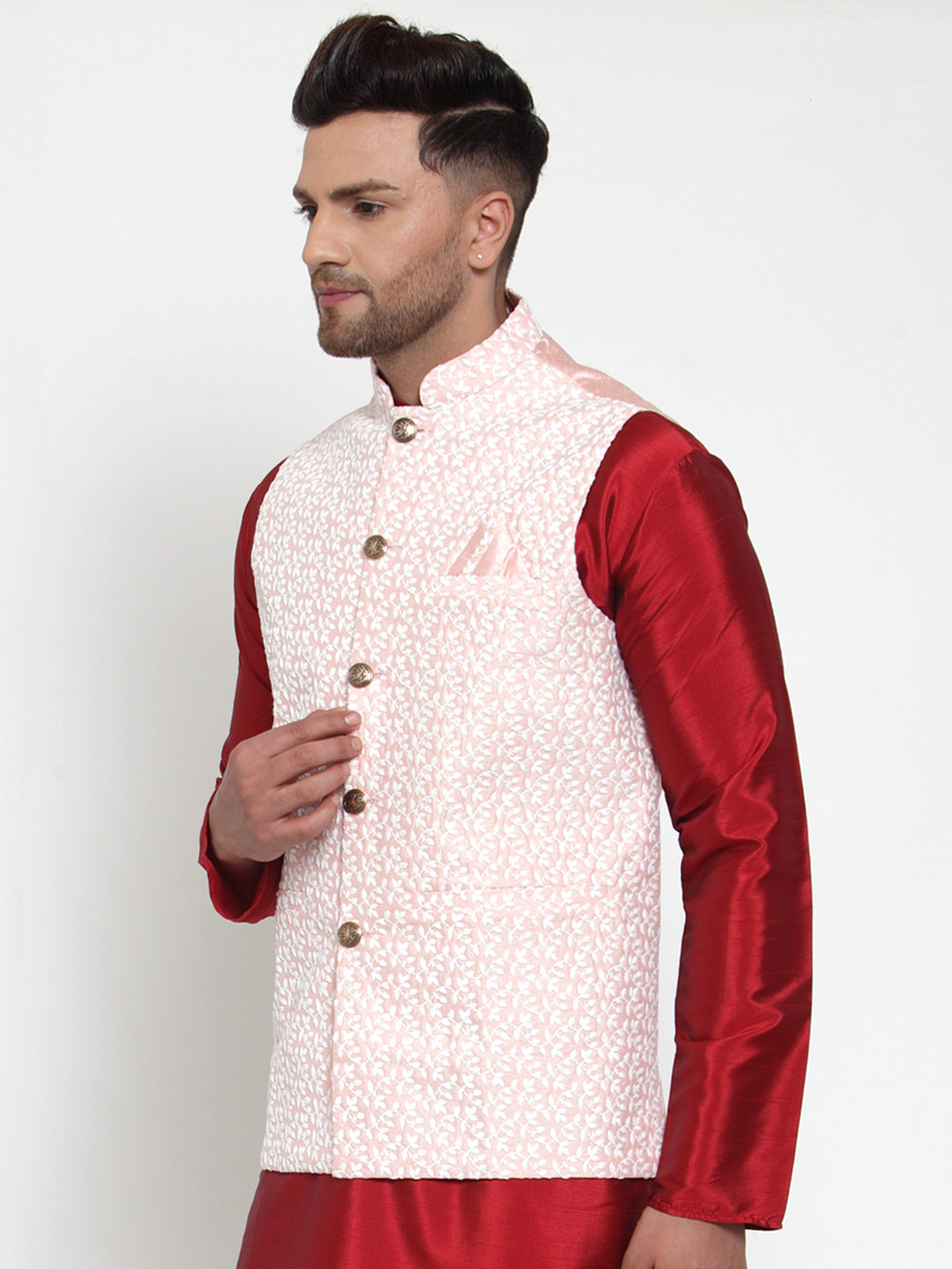 Jompers Men's Pink Embroidered Nehru Jacket ( JOWC 4012Pink )