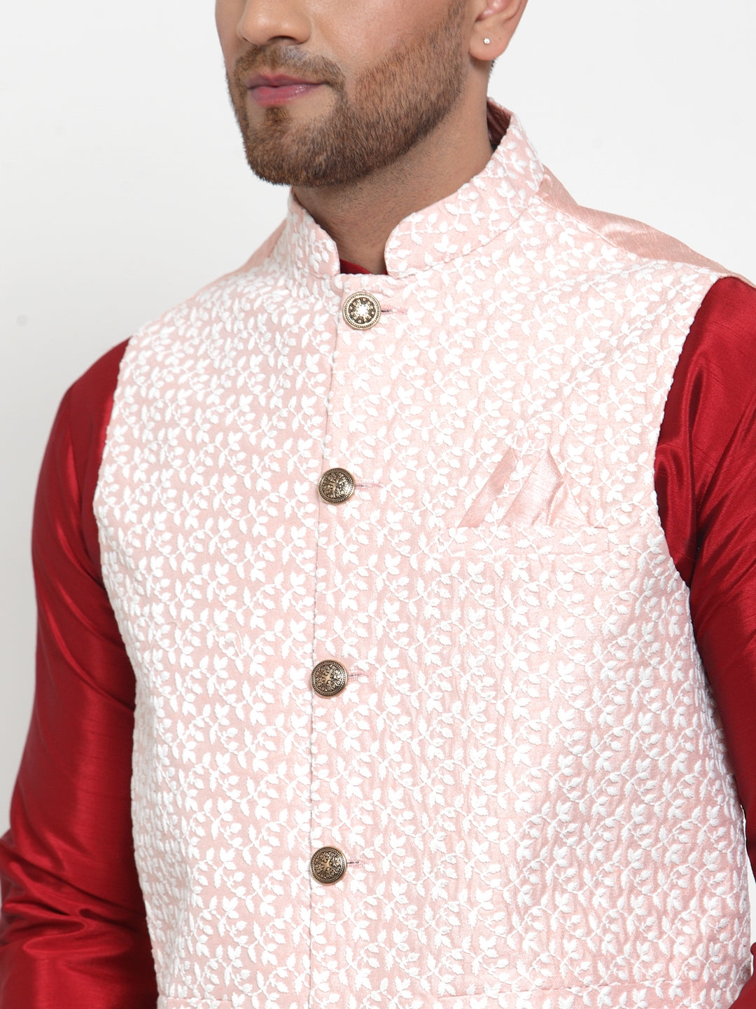 Jompers Men's Pink Embroidered Nehru Jacket ( JOWC 4012Pink )
