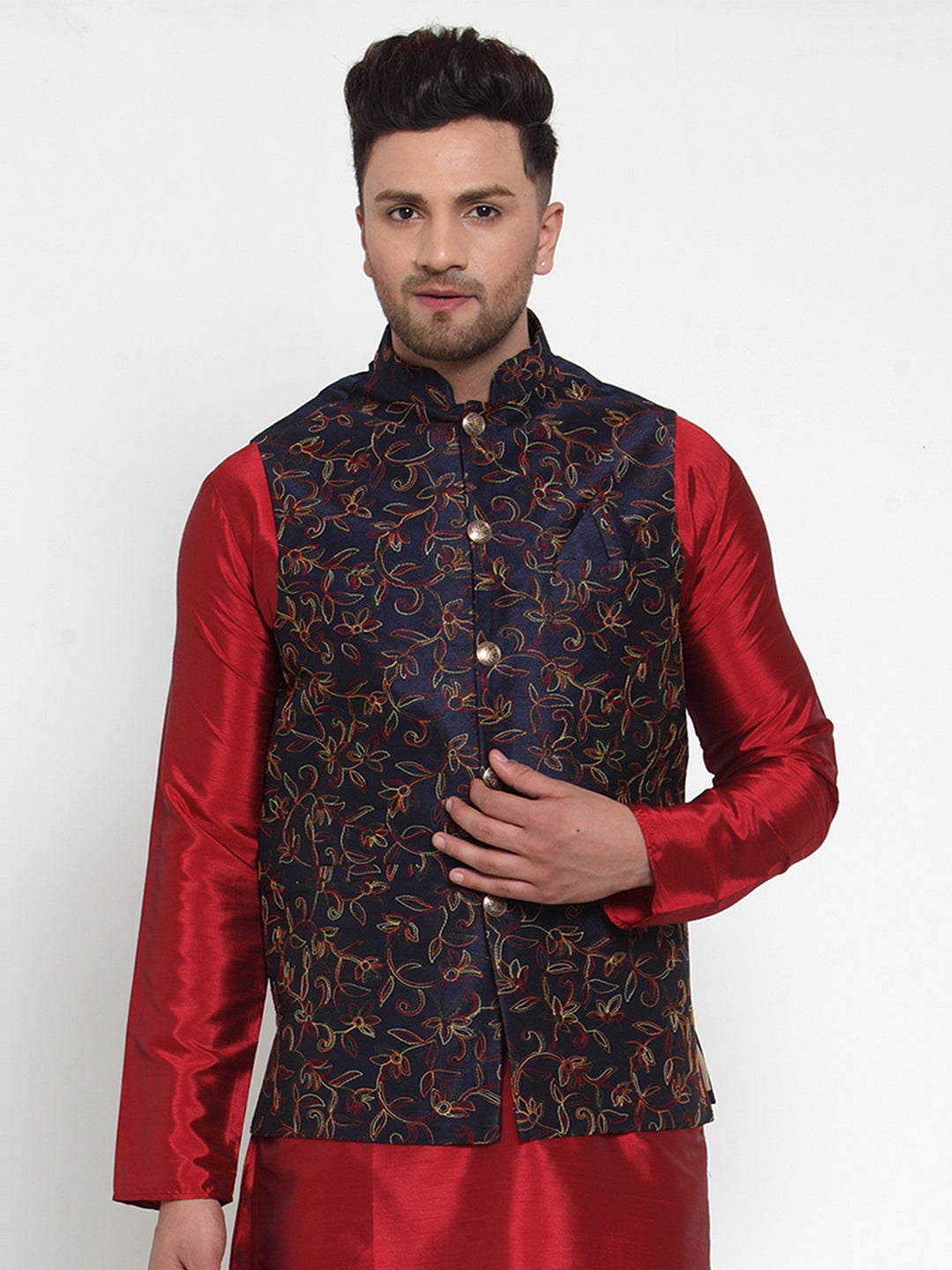 Jompers Men's Navy Embroidered Nehru Jacket ( JOWC 4013Navy )