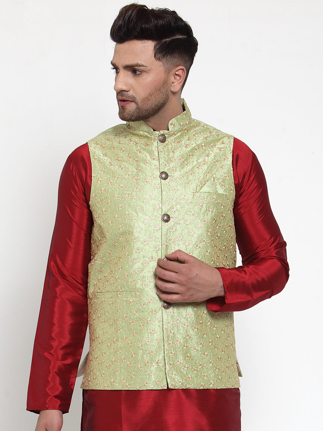 Jompers Men's Green Embroidered Nehru Jacket ( JOWC 4015Green )