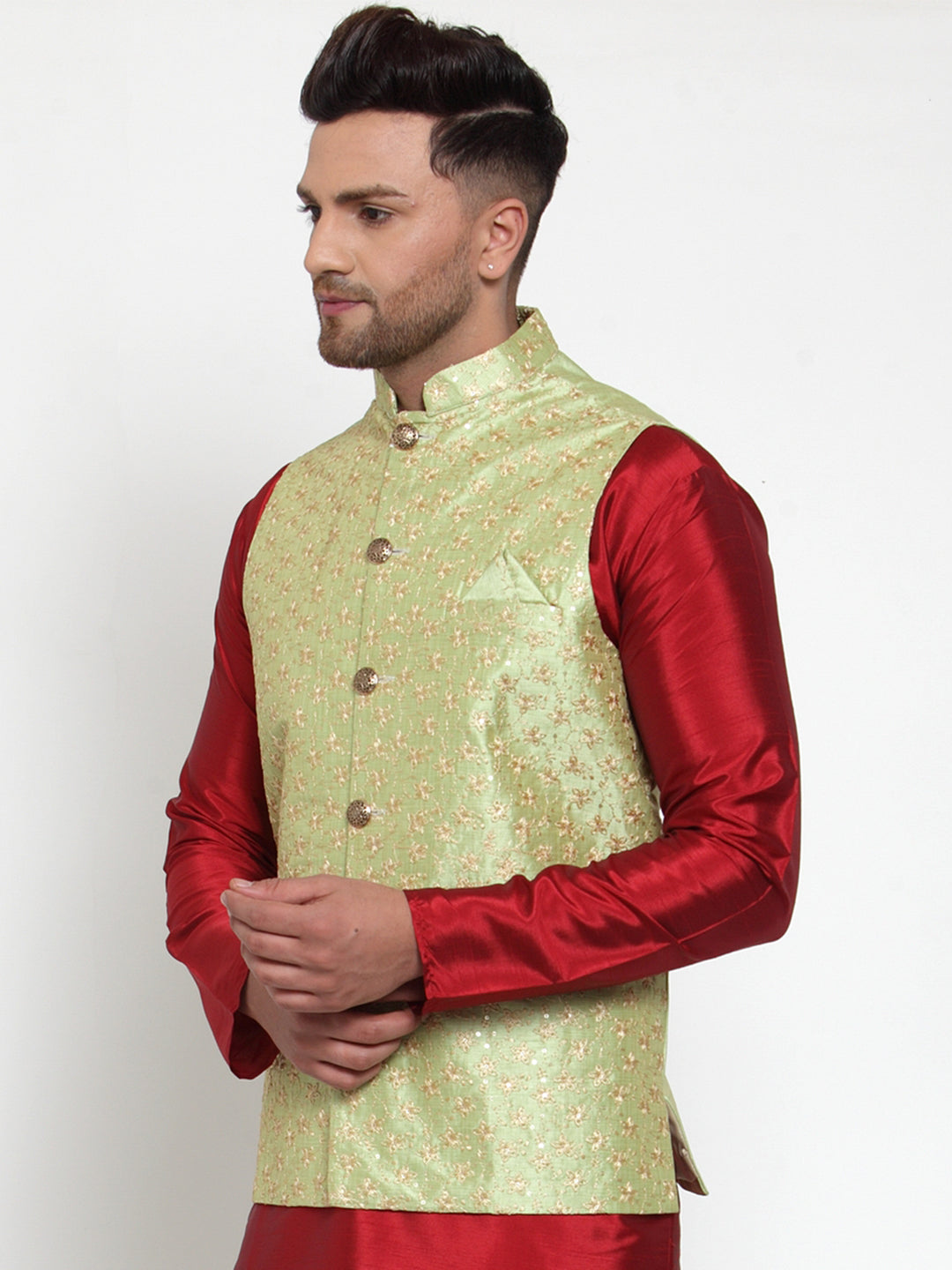 Jompers Men's Green Embroidered Nehru Jacket ( JOWC 4015Green )
