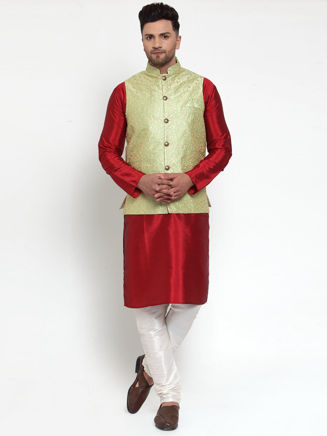 Jompers Men's Green Embroidered Nehru Jacket ( JOWC 4015Green )