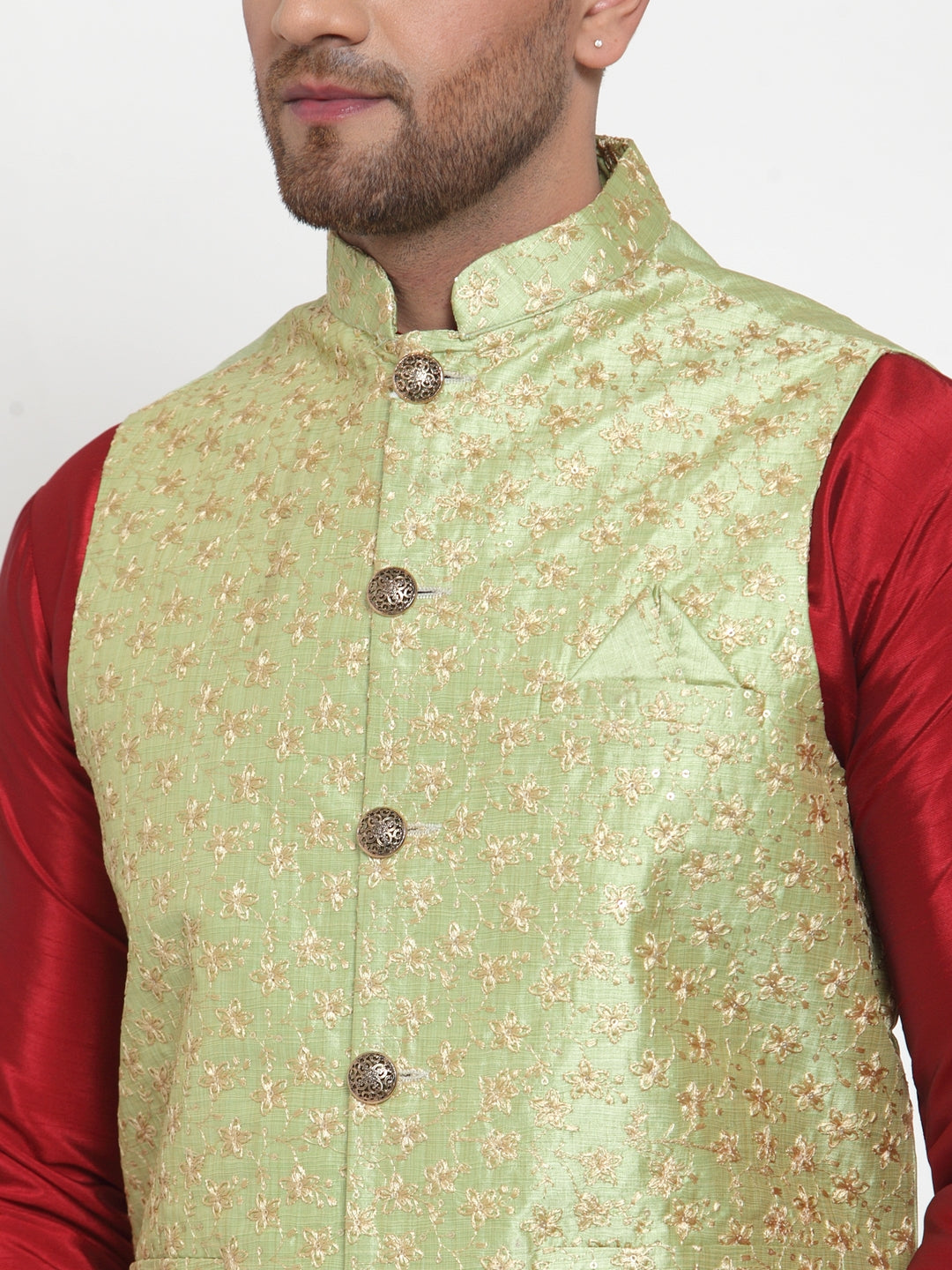 Jompers Men's Green Embroidered Nehru Jacket ( JOWC 4015Green )