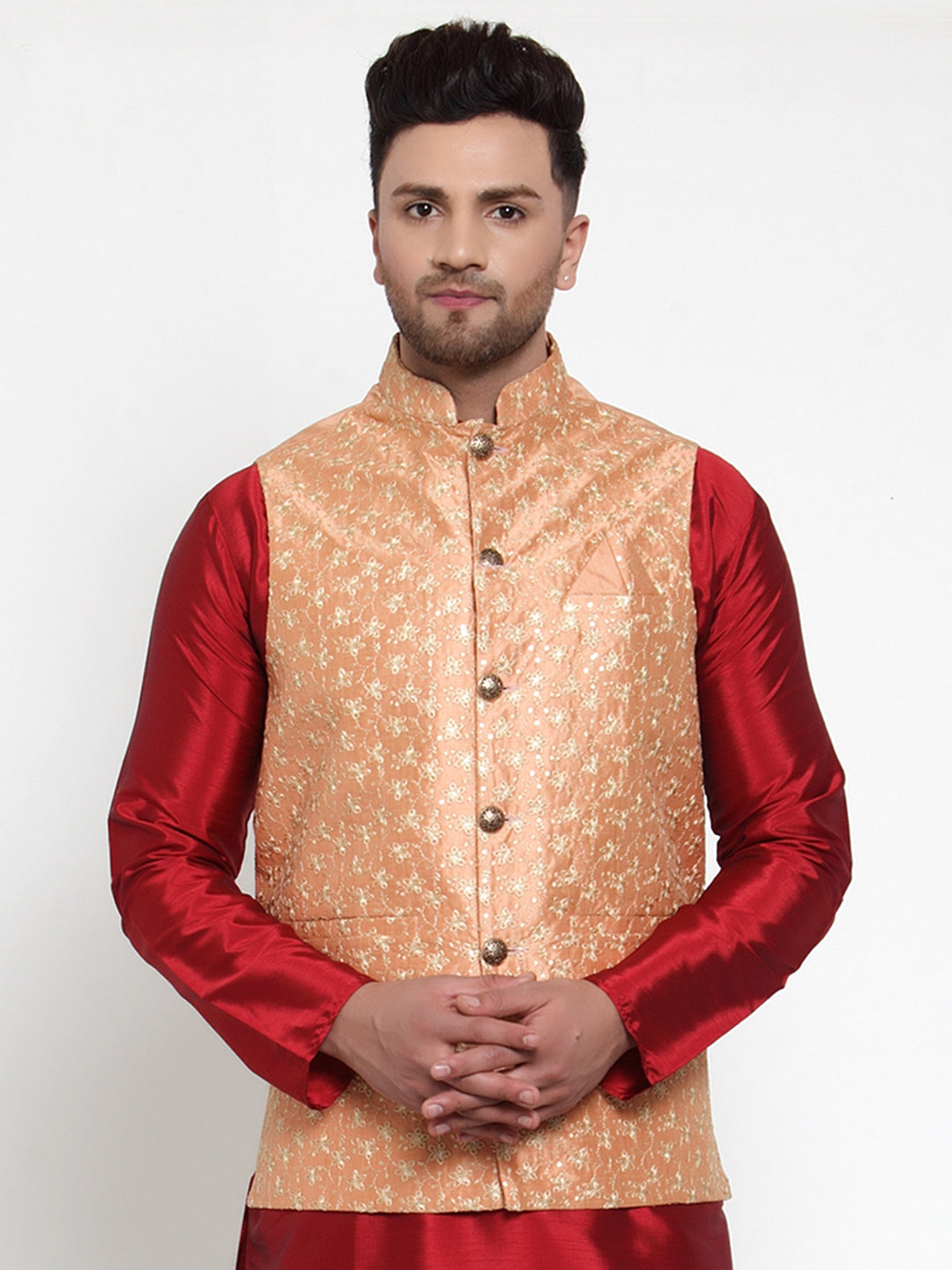 Jompers Men's Peach Embroidered Nehru Jacket ( JOWC 4015Peach )