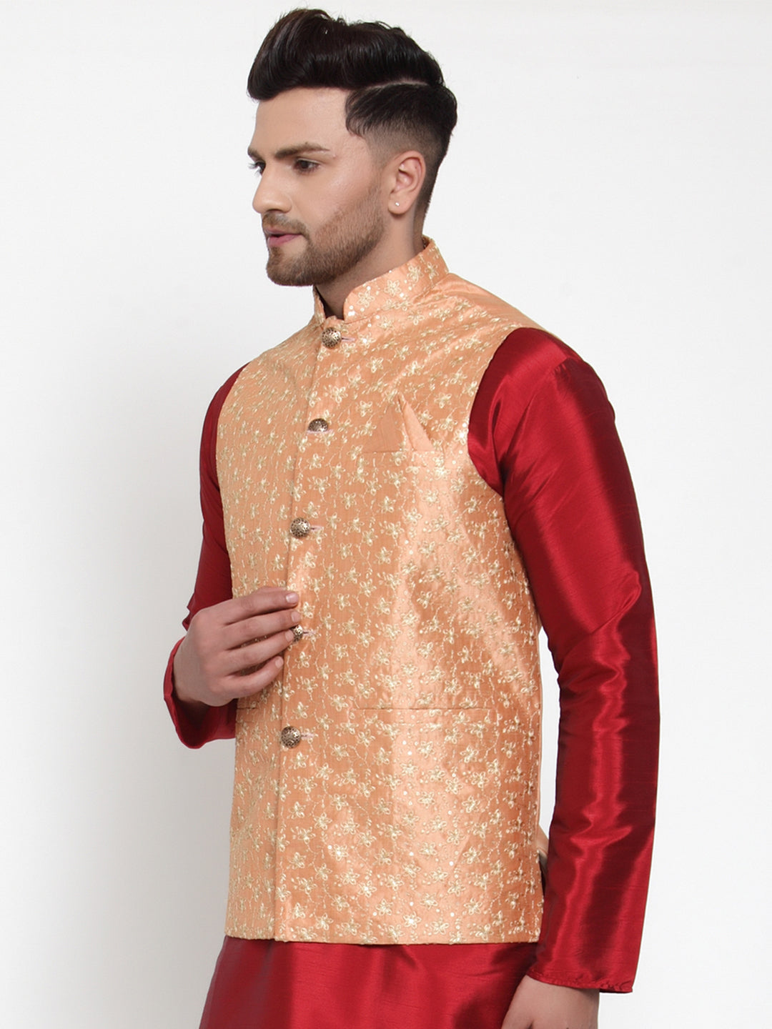 Jompers Men's Peach Embroidered Nehru Jacket ( JOWC 4015Peach )