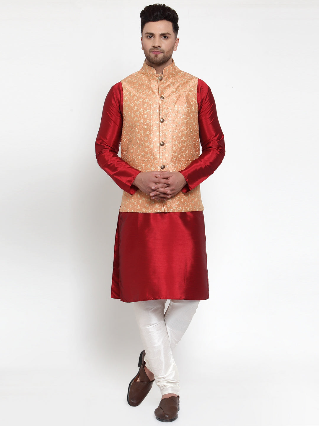 Jompers Men's Peach Embroidered Nehru Jacket ( JOWC 4015Peach )