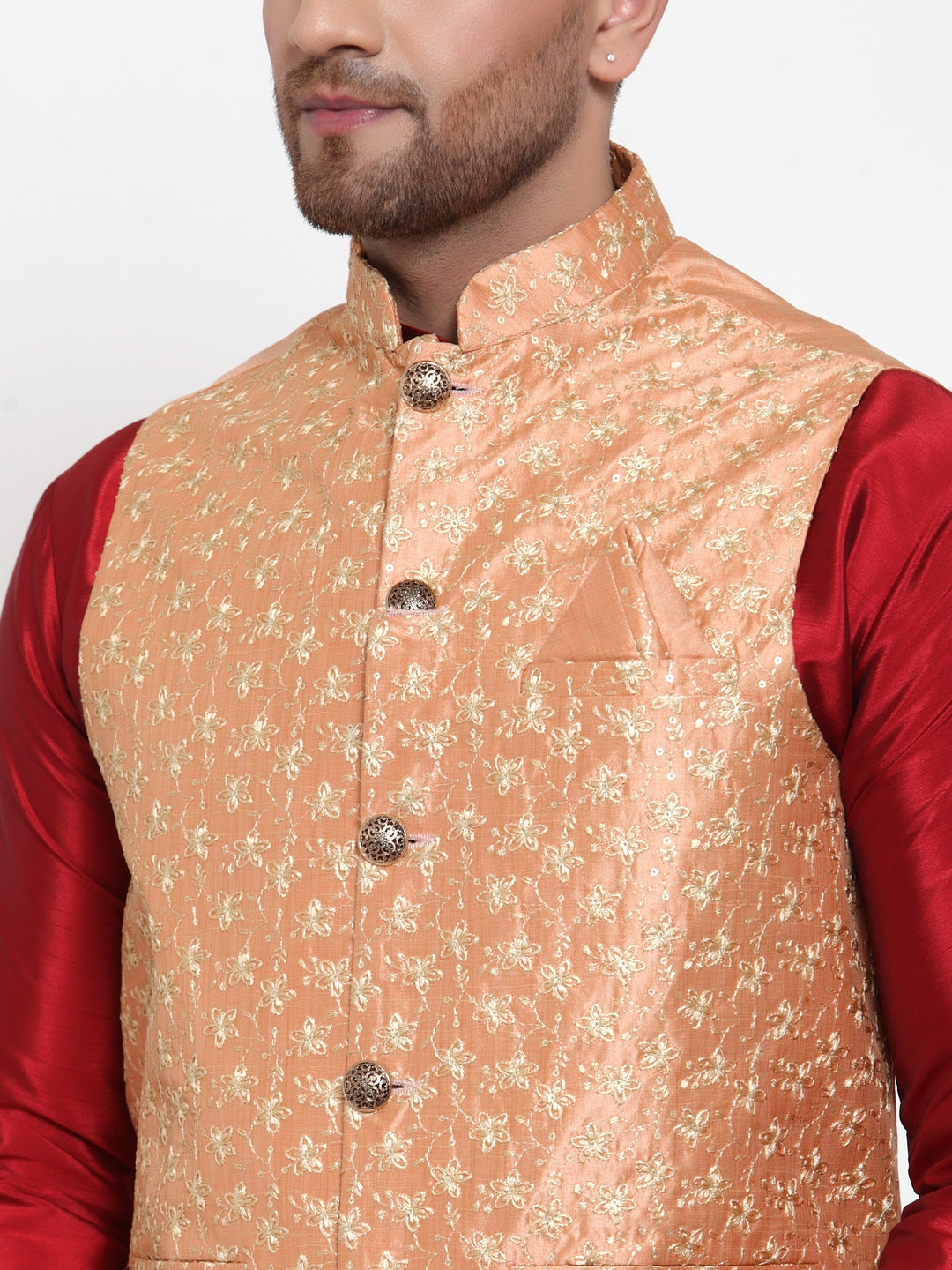 Jompers Men's Peach Embroidered Nehru Jacket ( JOWC 4015Peach )