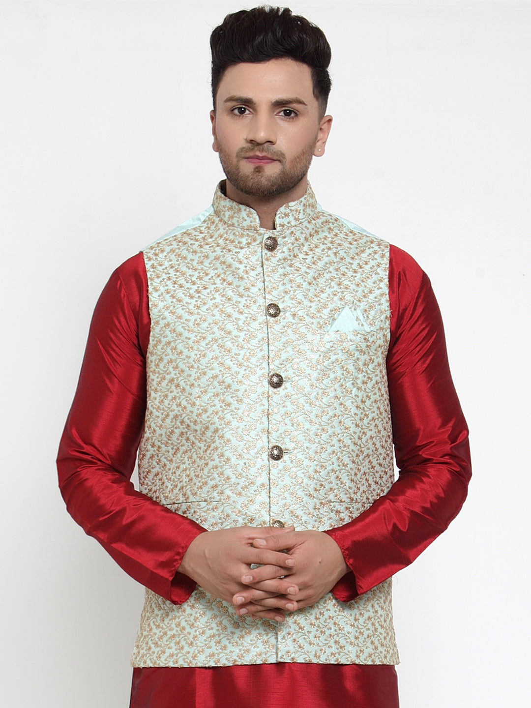 Jompers Men's Blue Embroidered Nehru Jacket ( JOWC 4016Sky )