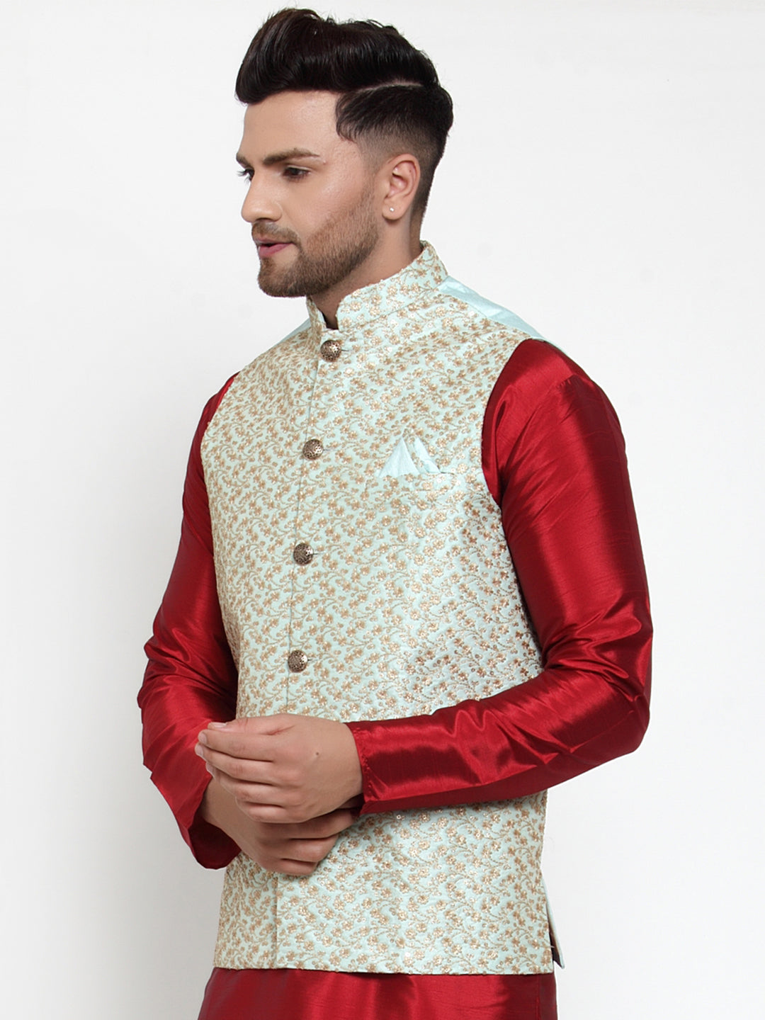 Jompers Men's Blue Embroidered Nehru Jacket ( JOWC 4016Sky )