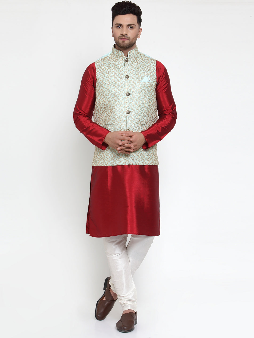 Jompers Men's Blue Embroidered Nehru Jacket ( JOWC 4016Sky )